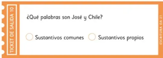 Ticket de salida con la pregunta '¿Qué palabras son José y Chile?' y dos opciones: Sustantivos comunes y Sustantivos propios.