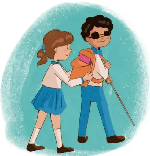 Ilustración de dos estudiantes caminando juntos: una niña acompaña a un niño que usa lentes oscuros y bastón, mostrando apoyo y convivencia.