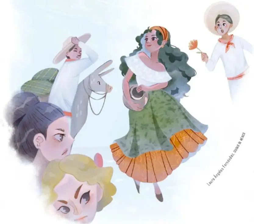 Ilustración a acuarela: una mujer joven de largo cabello verde azulado, con blusa blanca y falda verde con volante naranja, sostiene una jarra; a su alrededor hombres con sombrero y traje tradicional la admiran y le ofrecen una flor, mientras dos mujeres la miran con enojo.
