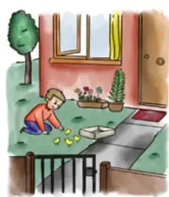 Ilustración de una niña sentada en el pasto escribiendo una invitación, con una casa y un árbol de fondo.