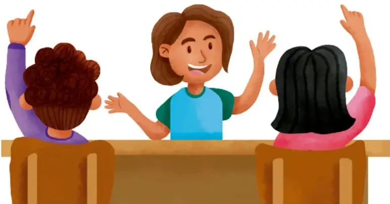Ilustración de tres estudiantes en un salón de clases con las manos levantadas participando; una docente o compañera al centro sonríe. Crédito: Luis Ángel Ortiz Sánchez, Ciudad de México.