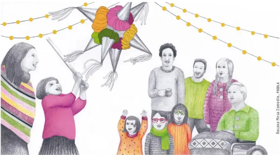 Ilustración a color de una familia diversa reunida al aire libre bajo guirnaldas de luces amarillas, con puestos de feria, niños y adultos de distintas edades, incluida una persona en silla de ruedas. Crédito: Rosana Moya Zamudio, PUEBLA.