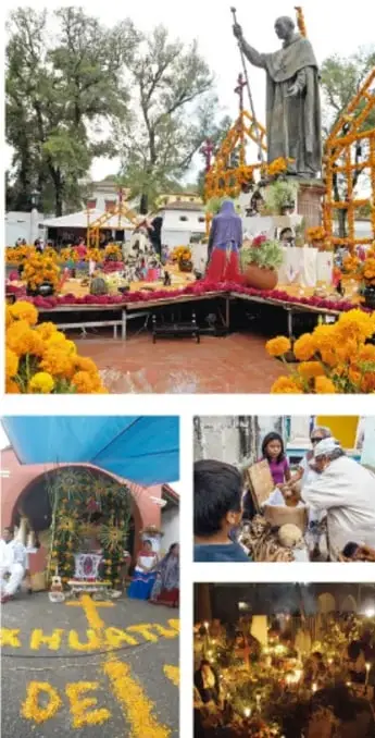 Altar comunitario del Día de Muertos con flores de cempasúchil y una estatua al fondo.