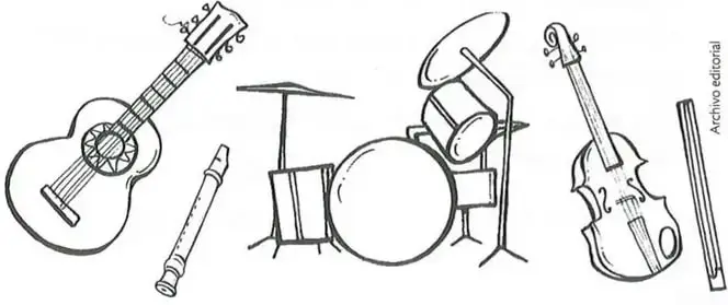 Dibujos de una guitarra, una flauta, una batería, un violín y otro instrumento de cuerda para elegir y pintar.
