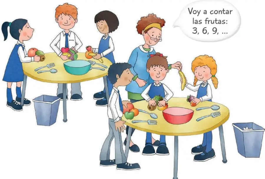 Ilustración de dos mesas con estudiantes de 3° básico preparando una ensalada de frutas; hay bowls, cucharas y basureros. Una niña dice: «Voy a contar las frutas: 3, 6, 9, ...».