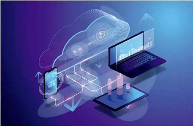 Ilustración de dispositivos digitales (laptop, tableta, teléfono inteligente) conectados a una nube tecnológica con gráficos de datos, representando la computación en la nube.