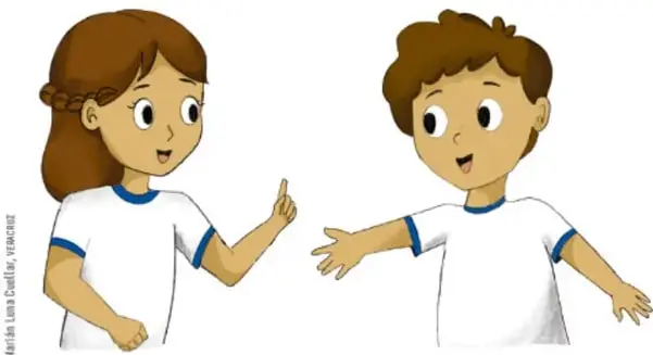 Ilustración de una niña y un niño conversando animadamente, con uniforme escolar de playera blanca y cuello azul.