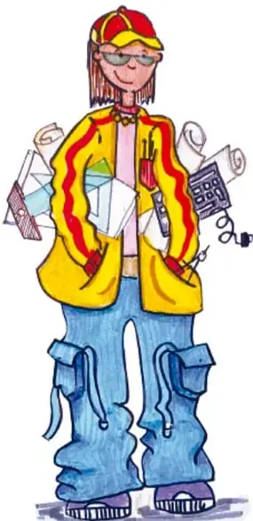 Ilustración de un estudiante con chamarra amarilla y roja, lentes y gorra, sosteniendo materiales escolares; crédito: Claudia Lucía Bautista Parra, Jalisco.