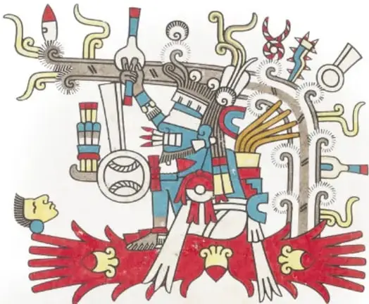 Otra figura de tezcatlipoca de pie con escudo circular, atavíos de papel y colores rojo, negro y amarillo, al estilo de códice.