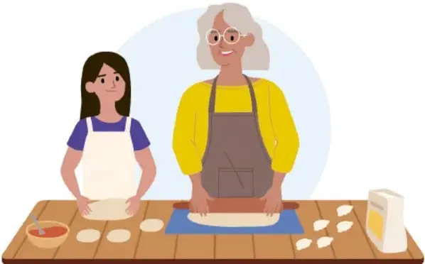 Ilustración de una niña y una adulta mayores amasando en una mesa de cocina.