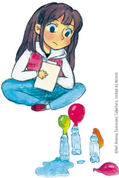 Ilustración de una niña sentada con un cuaderno, observando tres botellas con globos de colores (verde, rojo, rosa) y líquido derramado.