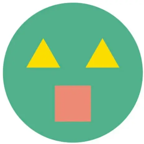 Figura compuesta «cara»: círculo verde grande con dos triángulos amarillos como ojos y un cuadrado coral como boca.