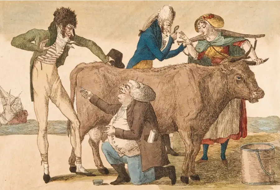 Caricatura satírica de época: un hombre delgado parece vacunarse o huir de la vaca; un médico con levita azul examina la mano de una mujer sentada sobre la vaca; otro hombre de peluca arrodillado apunta con una lanceta; a la derecha hay una cubeta y al fondo un barco.