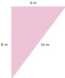 Triángulo rectángulo rosa con catetos de 6 m (horizontal superior) y 8 m (vertical izquierda), e hipotenusa de 10 m, usado para calcular la altura lateral.