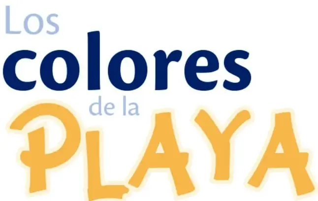 Título del cuento: 'Los colores de la playa', con la palabra 'colores' en azul oscuro y 'PLAYA' en amarillo.