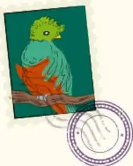 Estampilla con un loro verde y naranja sobre fondo verde.