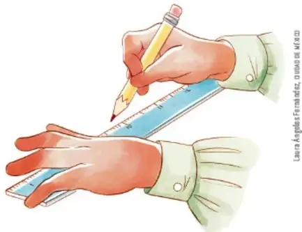 Ilustración de una mano sosteniendo una regla y un lápiz, mostrando cómo medir.