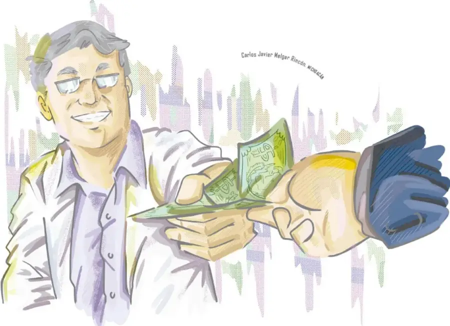 Ilustración de un hombre mayor con lentes, sonriente, sosteniendo billetes verdes y un cráneo humano, con fondo de ciudad estilizada. Crédito: Carlos Javier Melgar Rincón, «MORBIDA».