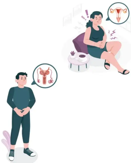 Ilustración de una mujer sentada con molestias abdominales y un recuadro con el aparato reproductor femenino.