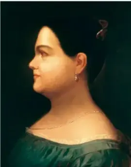 Retrato de una mujer de perfil, con vestido verde y cabello recogido, probablemente Leona Vicario.