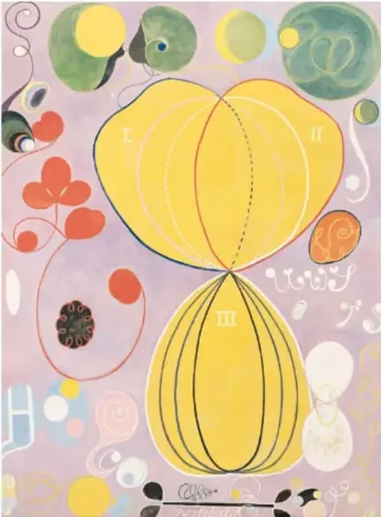 Retablo, núm. 1, 1920, Hilma af Klint. Composición simétrica con un gran círculo dorado central, rayos y un triángulo ascendente dividido en franjas de colores.