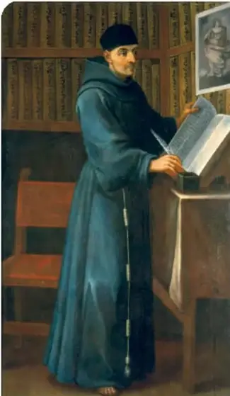 Pintura de fray Pedro de Gante enseñando a un joven indígena, con un globo terráqueo y libros.