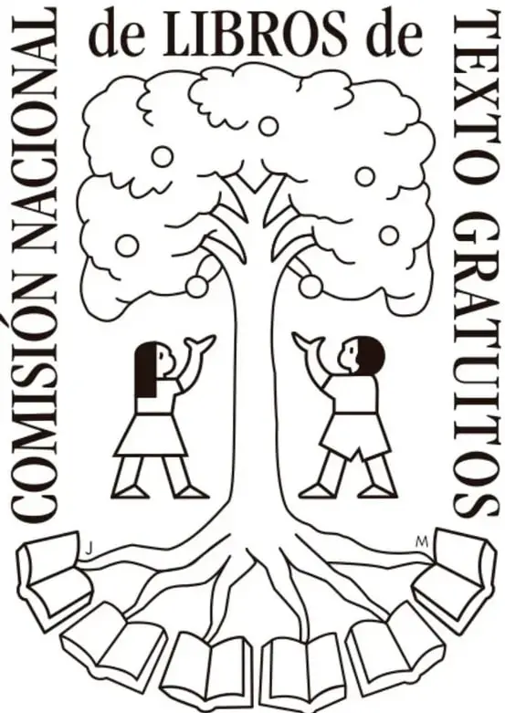 Logotipo de la Comisión Nacional de Libros de Texto Gratuitos: un árbol con dos niños y libros en las raíces, con el texto 'COMISIÓN NACIONAL de LIBROS de TEXTO GRATUITOS' alrededor.