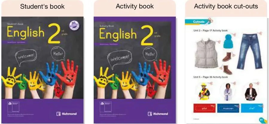 Portada del Student's book English 2, editorial Richmond, con manos de colores.
