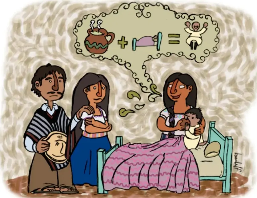 Ilustración de una familia mexicana: un hombre con tambor, una mujer joven y una madre con un bebé en brazos junto a una cama. Sobre ellos, un globo de pensamiento muestra una olla humeante + una cama = un bebé, simbolizando los saberes comunitarios sobre alimentación y cuidado. Crédito: Julio César Banda Tecalco, Veracruz.