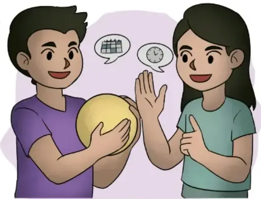 Ilustración de los mismos niños dialogando con calma; la niña levanta la mano y aparecen íconos de una escuela y un reloj, señalando acuerdos.