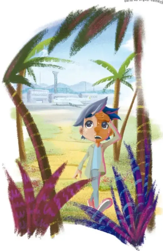 Ilustración de Martín caminando sudando por una selva tropical con palmeras, plantas de colores llamativos, aviones y una torre de control al fondo.