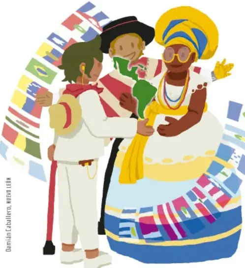 Ilustración de tres personas de distintas culturas (una con poncho y sombrero andino, otra con vestimenta afrocaribeña y turbante, y una tercera joven con mochila) abrazadas, rodeadas de banderas y símbolos de diversidad, representando la convivencia y la cultura de paz. Crédito: Damián Caballero, Ricardo León.