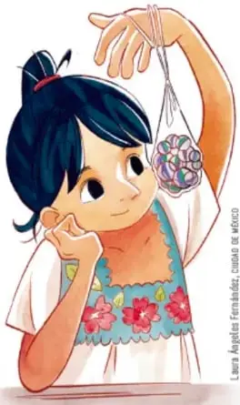 Ilustración de una niña con blusa bordada sosteniendo una bolsa de canicas, pensativa.