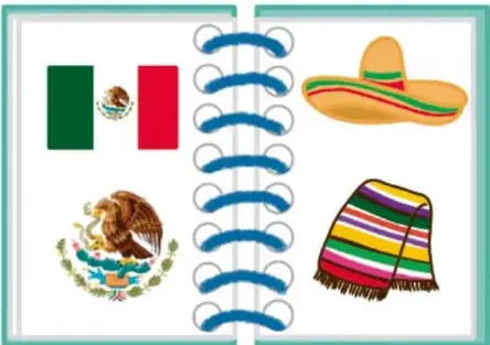 Álbum abierto con cuatro imágenes: bandera de México, escudo nacional, sombrero charro y sarape de colores.