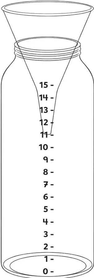 Dibujo de un pluviómetro: embudo en la parte superior y frasco graduado con una escala del 0 al 15 en el centro, donde el estudiante debe pintar el nivel del agua.