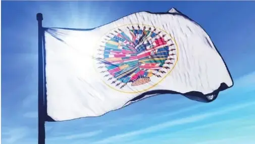 Bandera de la Organización de Estados Americanos; el escudo representa las banderas de los países que la integran.