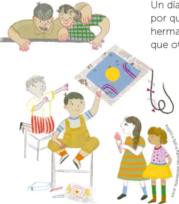 Una abuela y un abuelo sostienen una manta decorada con un sol amarillo y líneas moradas.