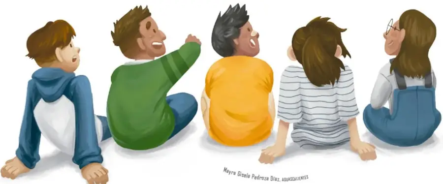 Cinco niños sentados de espaldas en la banqueta, de perfil o mirando hacia arriba al cielo; usan sudaderas azules, verde, amarilla, camisa rayada y overol, representando al grupo del cuento.