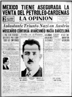 Recorte de un periódico histórico (La Opinión) con titular 'México tiene asegurada la venta del petróleo - Cárdenas' y fotografía de un personaje con bigote, usado como ejemplo de nota periodística.