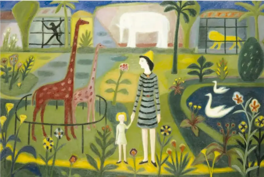 Pintura 'Parque zoológico' (1950) de Antonio Lago Rivera: estilo ingenuo y colorido con una mujer y una niña mirando jirafas en un corral, elefante blanco, león amarillo en jaula, monos, cisnes en un estanque, palmeras y flores.