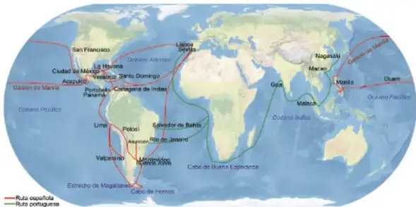Mapamundi que muestra las rutas de navegación española y portuguesa, con ciudades de Europa, África, América y Asia señaladas.