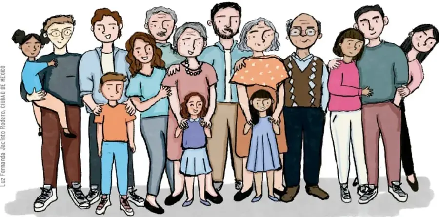 Ilustración de una familia diversa de varias generaciones, de pie y sonriendo, que representa la convivencia y el afecto familiar.