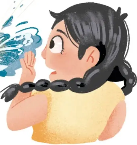 Niña de trenzas (Kapsis) mira asombrada el mar; en el agua se ve la estrella cayendo entre salpicaduras y espuma. Firmado: Leyla Azeneth García Alonso.