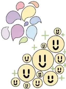Ilustración de gotas de colores y globos con caritas sonrientes y signos más, que representan ideas positivas y mensajes amables. Crédito: Melissa Arenas Montealegre, Ciudad de México.