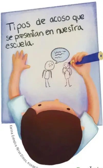 Ilustración de un niño viendo desde arriba un pliego de papel donde escribe con marcador el título 'Tipos de acoso que se presentan en nuestra escuela', con un pequeño dibujo de dos personas y un globo de diálogo.
