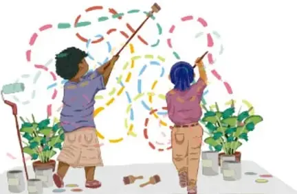 Ilustración de dos niñas pintando un mural con plantas y colores; crédito: Luis Fernando Sotelo Gaspar, Querétaro.