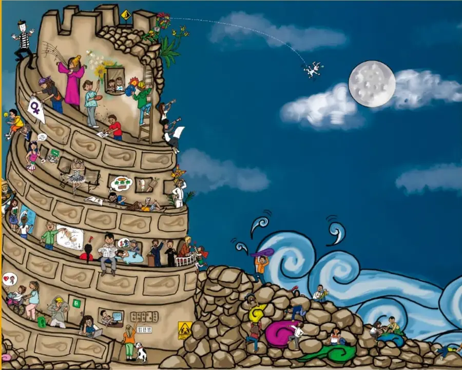 Ilustración de una torre circular de piedra poblada por personajes realizando diversas actividades (música, ciencia, deporte, arte), con luna llena, nubes y olas estilizadas al costado. Pie de foto: Ana Lucía Zamudio González, pintura.