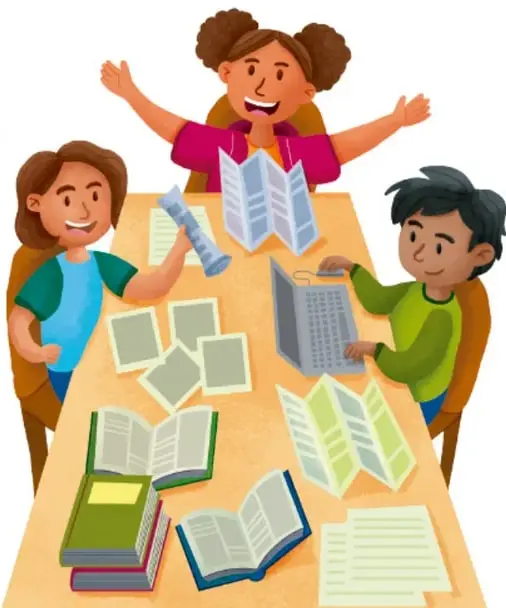 Ilustración de tres estudiantes trabajando con libros, papeles y computadora en una mesa (crédito: Luis Ángel Ortiz Sánchez, Ciudad de México)