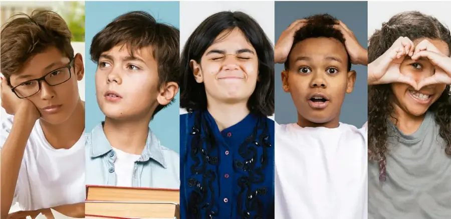 Cinco fotografías de jóvenes con distintas expresiones faciales: aburrimiento/tristeza (apoyando la cabeza), duda, disgusto (nariz fruncida), sorpresa/asombro (manos en la cabeza) y alegría (formando un corazón con las manos ante el rostro).