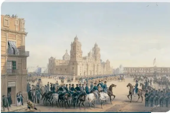 Pintura que muestra la entrada del general Scott a la Plaza Mayor de México, con soldados estadounidenses a caballo y la catedral al fondo.